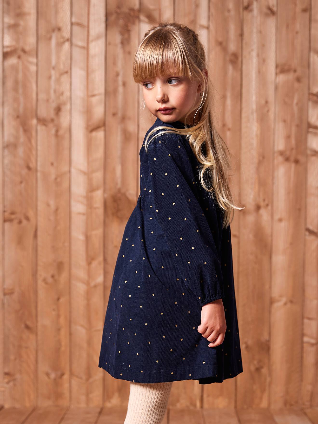Girl's printed velvet dress navy blue, Girls