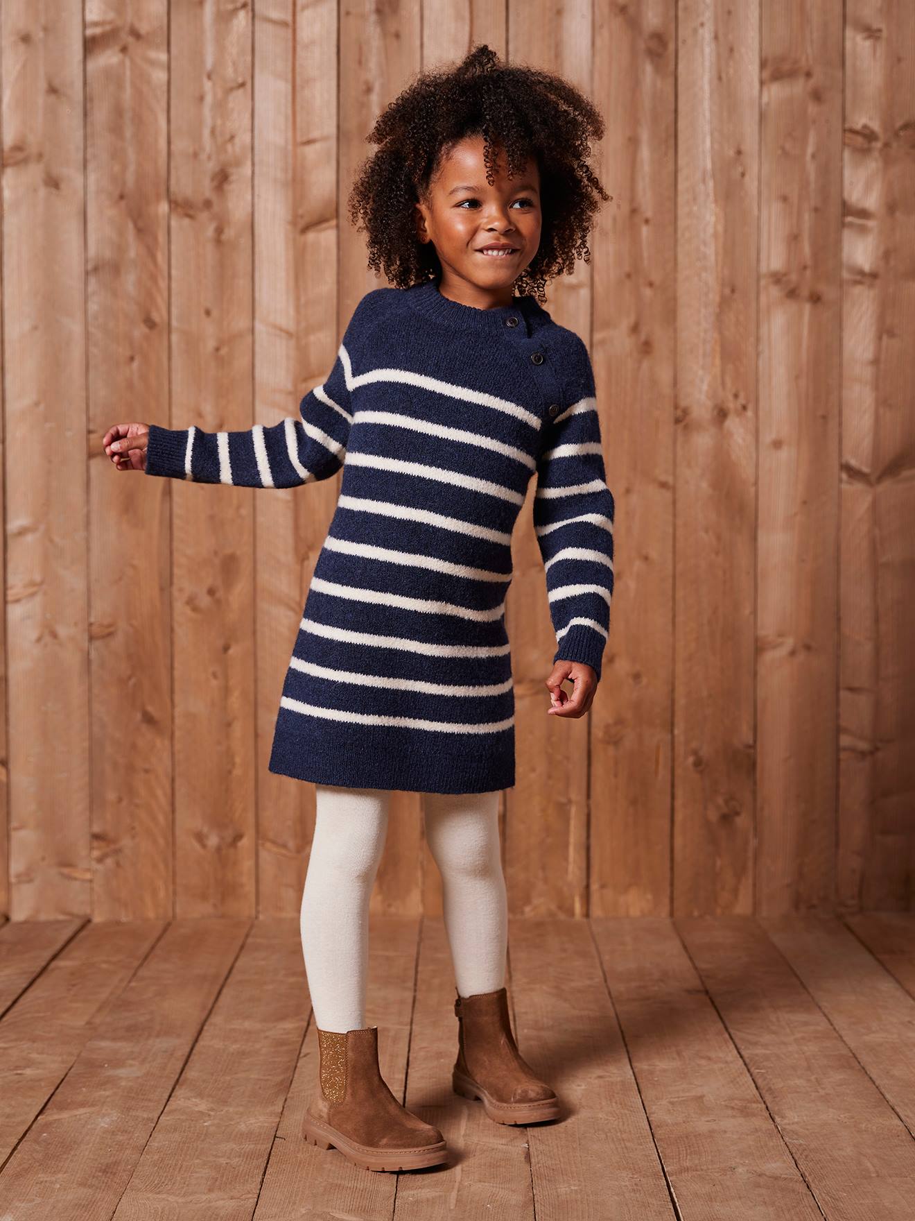 Knitted Striped Dress for Girls - navy blue, Girls Knitted Striped Dress for Girls - navy blue, Girls