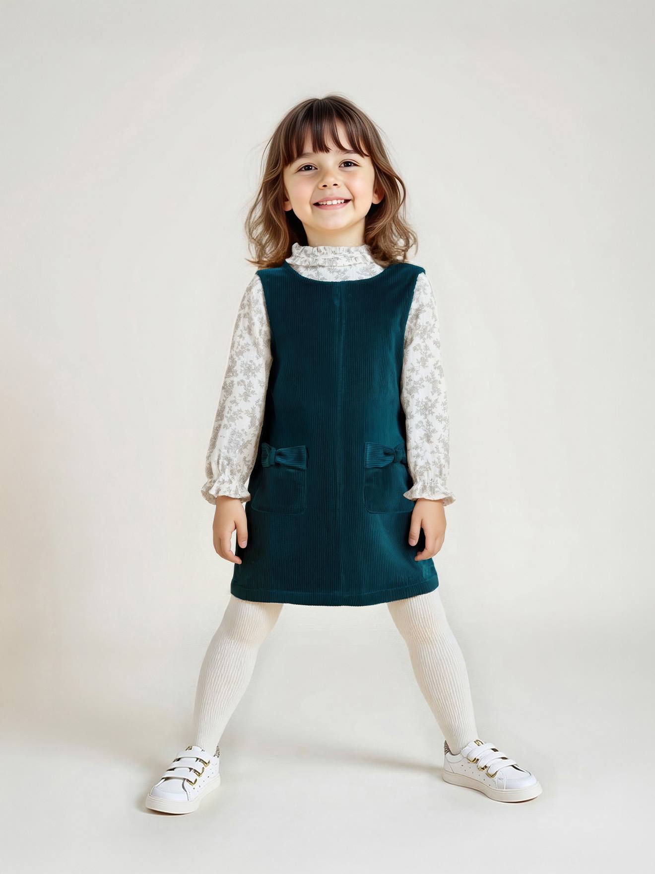 Velvet pinafore dress and cotton muslin blouse set for girls