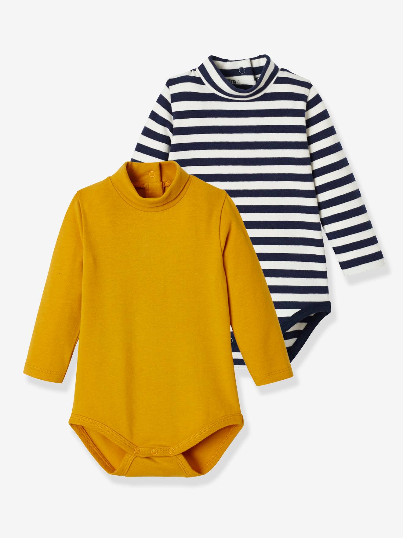 Lot De 2 Bodies Bebe Col Montant Manches Longues Oeko Tex Set Of Yellow 15 1045 Stripe Bebe