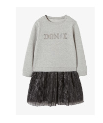Robe fille effet 2 en 1 inscription en strass et jupon irisé - noir / gris clair chiné